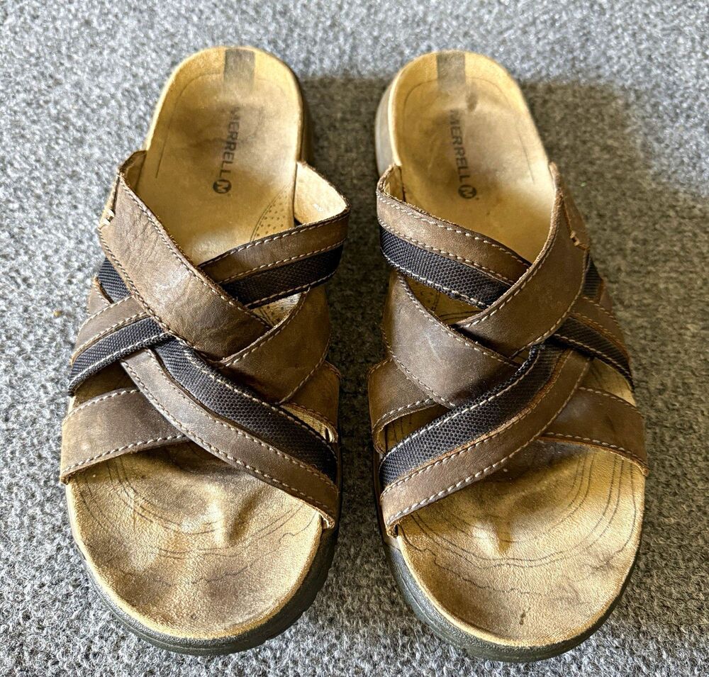Merrell Boulder Men's Slide Sandals Brown Leather Slip-On Comfort US 11 EU 44
